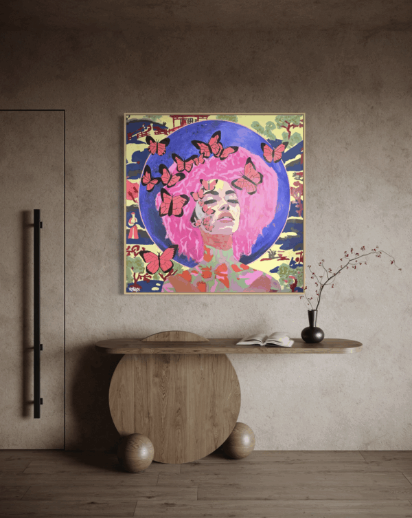 Artwork by Henrix showing a pink‑haired woman with an electric‑blue halo surrounded by butterflies.